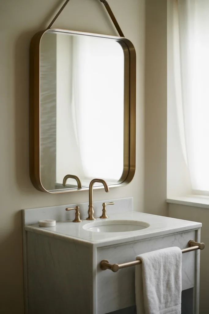 Statement mirror with a brushed brass frame above a marble sink