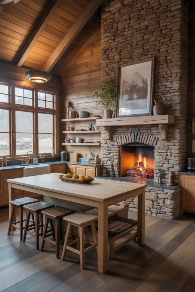 20 Rustic Farmhouse Kitchen with Natural Stone and Wooden Accents 4 Stone Fireplace and Wooden Island