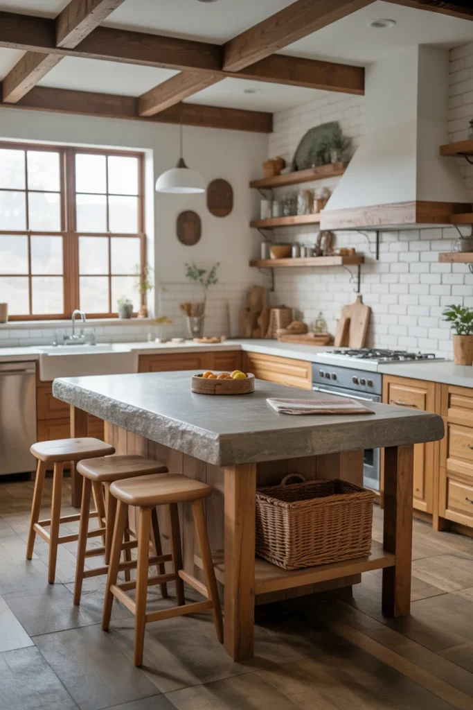 20 Rustic Farmhouse Kitchen with Natural Stone and Wooden Accents 13 Stone Topped Kitchen Island with Wooden Legs