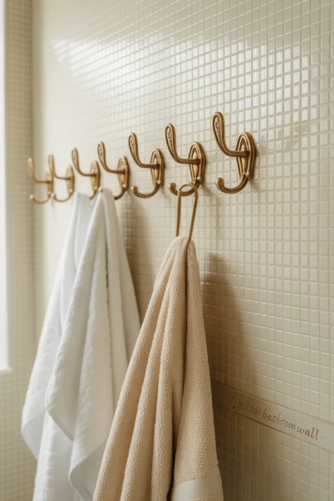 Stylish bathroom wall with decorative brass hooks