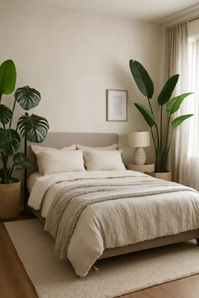 Stylish modern bedroom with large potted plants