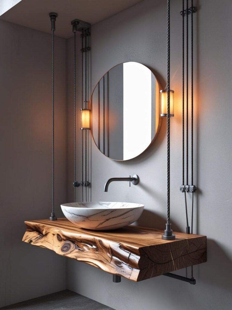 15+ Best Rustic Vanity Ideas to Create Your Perfect Bathroom 14 Suspended Cable Vanity floating wood