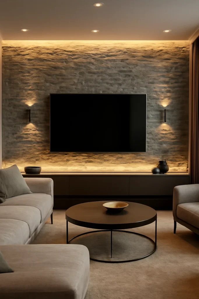 TV accent wall with gray stone cladding