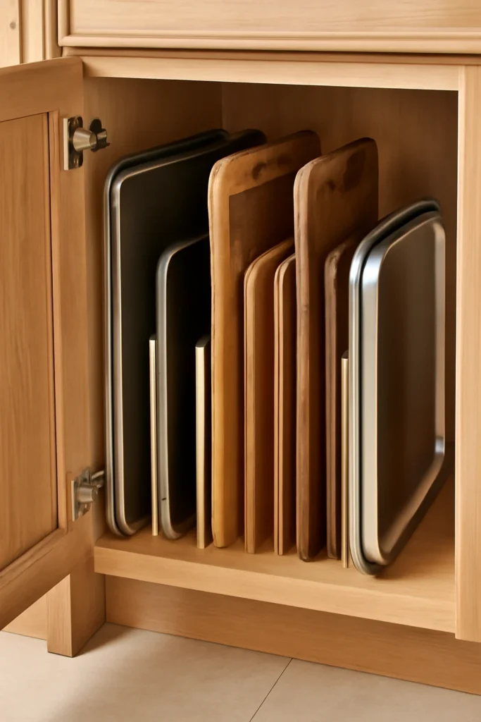 17 Kitchen Equipment Storage Ideas to Keep Your Space Organized 11 Tall baking sheets cutting boards