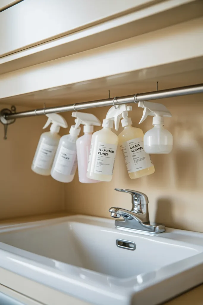 20+ Easy Kitchen Organization Ideas for Limited Space 3 Tension Rod Under Sink Bottles