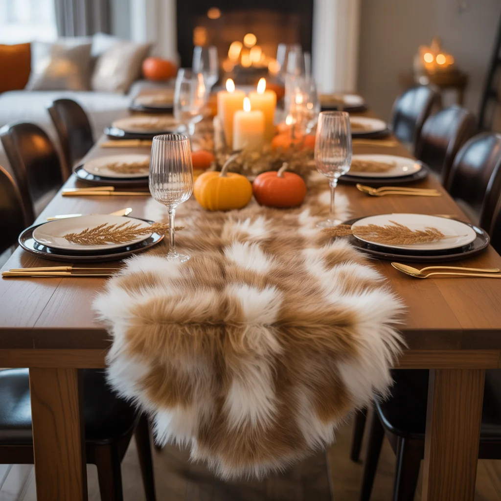 25 Easy Thanksgiving Table Decor Ideas Anyone Can Try 16 Thanksgiving table set with a faux fur table runner