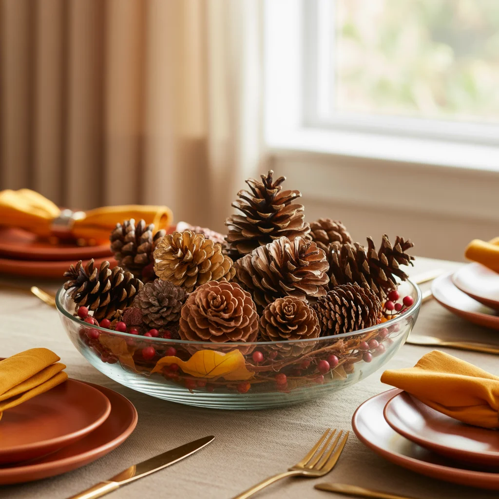 25 Easy Thanksgiving Table Decor Ideas Anyone Can Try 13 Thanksgiving table with a centerpiece of pinecones