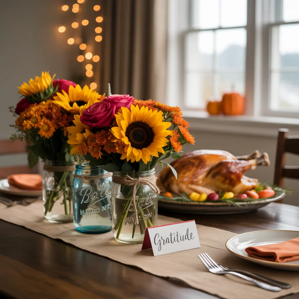 25 Easy Thanksgiving Table Decor Ideas Anyone Can Try 21 Thanksgiving table with mason jar vases flowers Copy