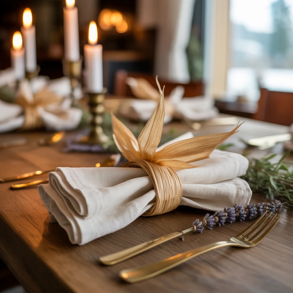 25 Easy Thanksgiving Table Decor Ideas Anyone Can Try 12 Thanksgiving with corn husk napkin rings wrapped