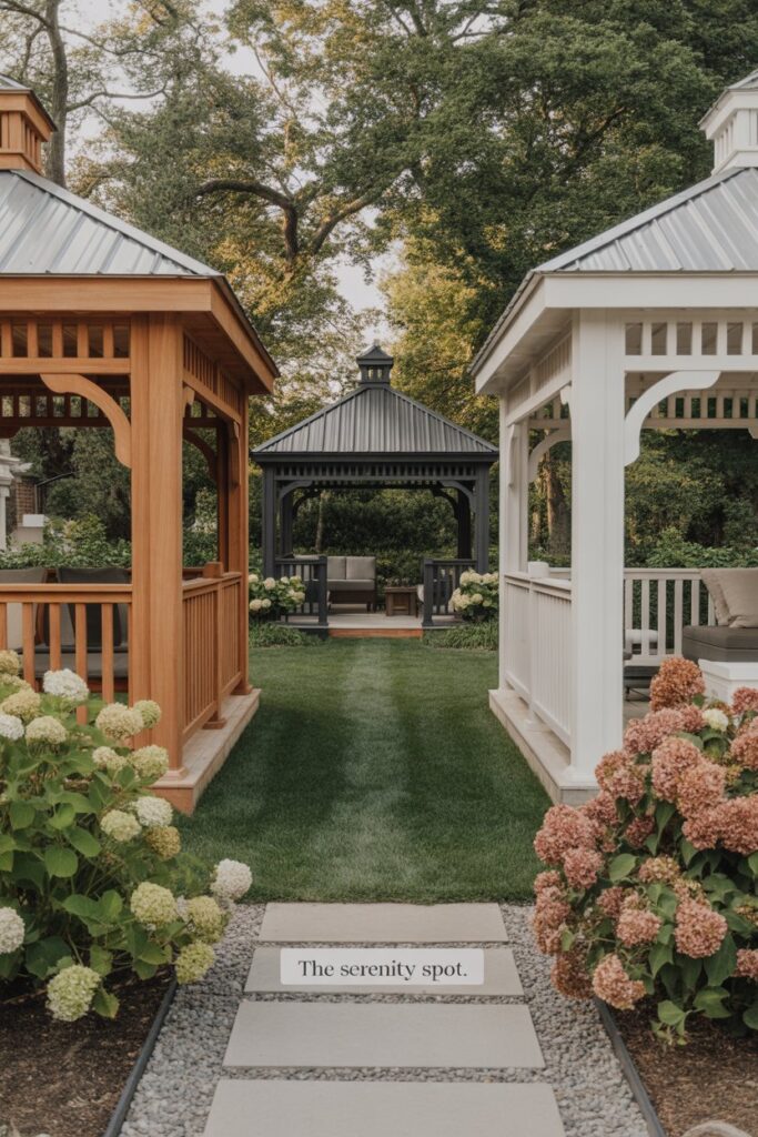 Step-by-Step Gazebo Garden Guide: Transform Your Backyard Space 3 Three backyard gazebos side by side