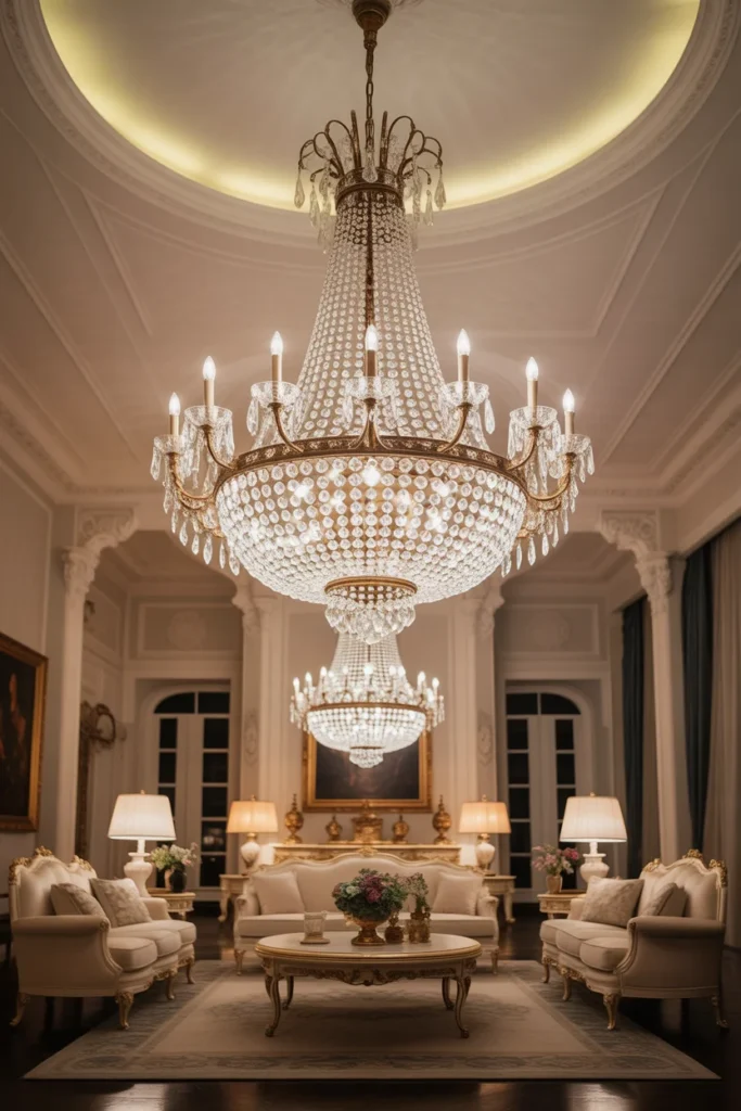 30+ Gorgeous Living Room Ceiling Lighting Ideas for Modern & Classic Homes 10 Tiered Chandelier