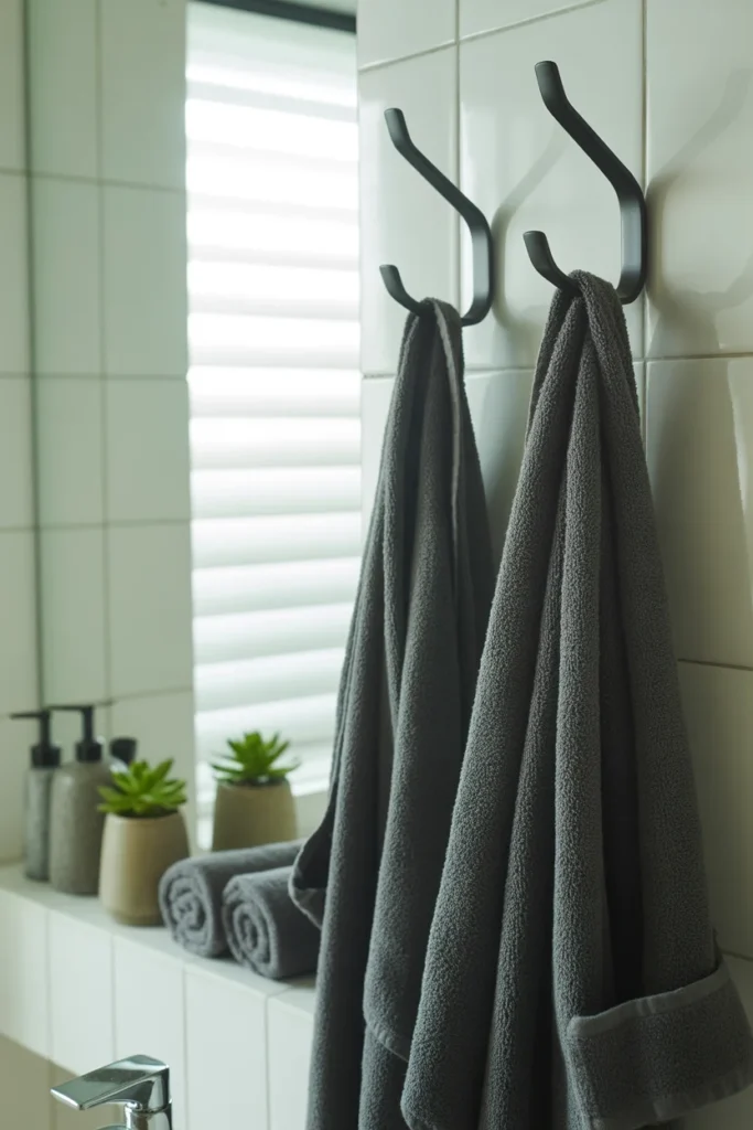 Tiny Bathroom Storage: Smart Solutions for Small Spaces 9 Tiny bathroom with stylish black towel hooks