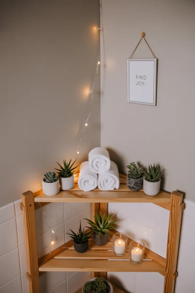 Tiny Bathroom Storage: Smart Solutions for Small Spaces 6 Tiny bathroom with wooden corner shelves