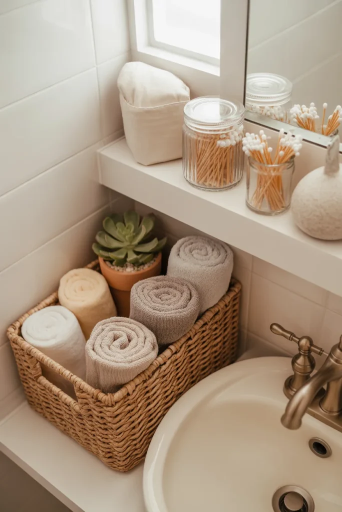 Tiny Bathroom Storage: Smart Solutions for Small Spaces 10 Tiny bathroom with woven storage baskets