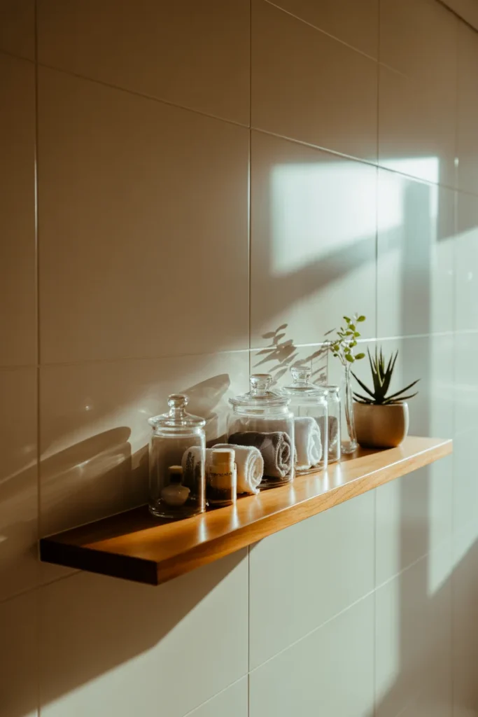 Tiny Bathroom Storage: Smart Solutions for Small Spaces 2 Tiny modern bathroom with wall mounted wooden floating shelves