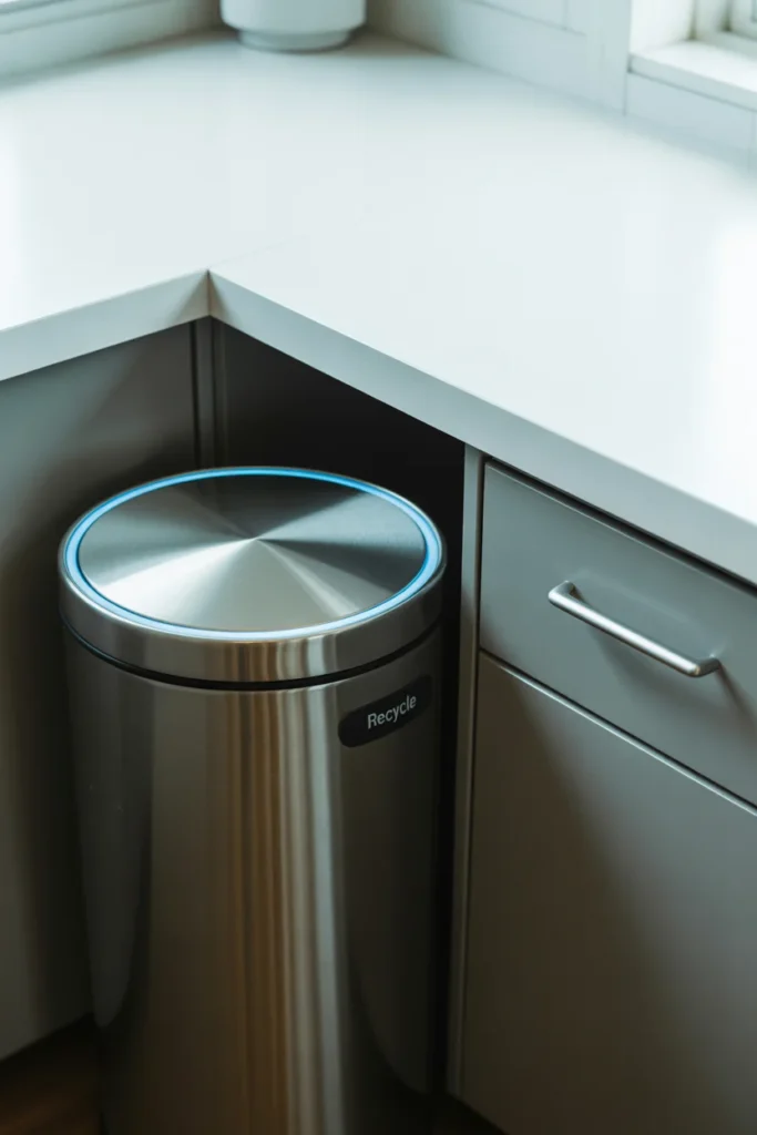 15 Must-Have Kitchen Gadgets 2025 to Transform Your Cooking Space 9 Touchless stainless steel trash can in a clean modern kitchen corner