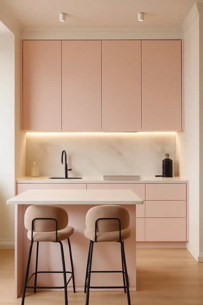 Kitchen Interior Colour Combination: Ideas to Transform Your Cooking Space 9 Trendy apartment kitchen with pastel pink cupboards