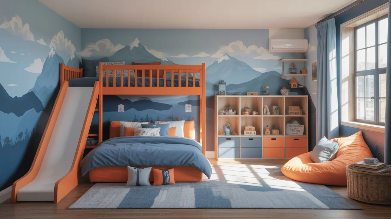 Ultra realistic wide angle shot of a stylish boys bedroom