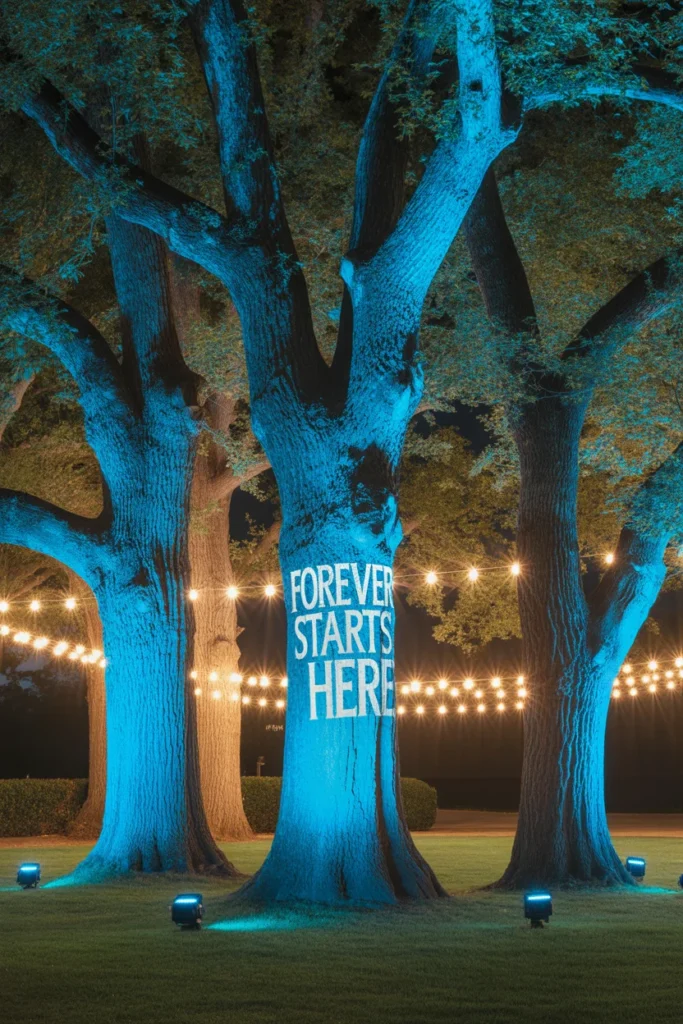 30 Simple Outdoor Wedding Decor Ideas for 2025 16 Uplighting on Trees