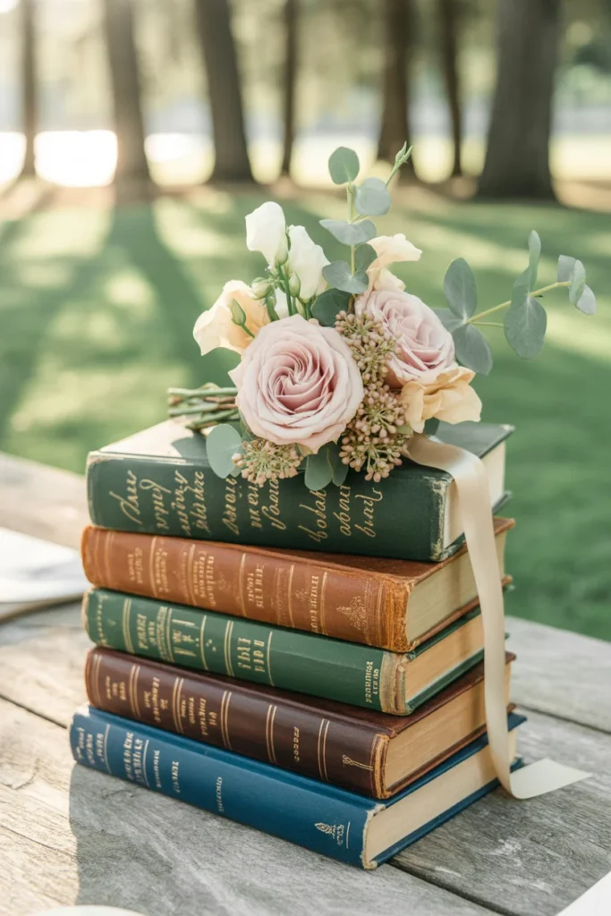 30 Simple Outdoor Wedding Decor Ideas for 2025 24 Vintage Book Stacks 1