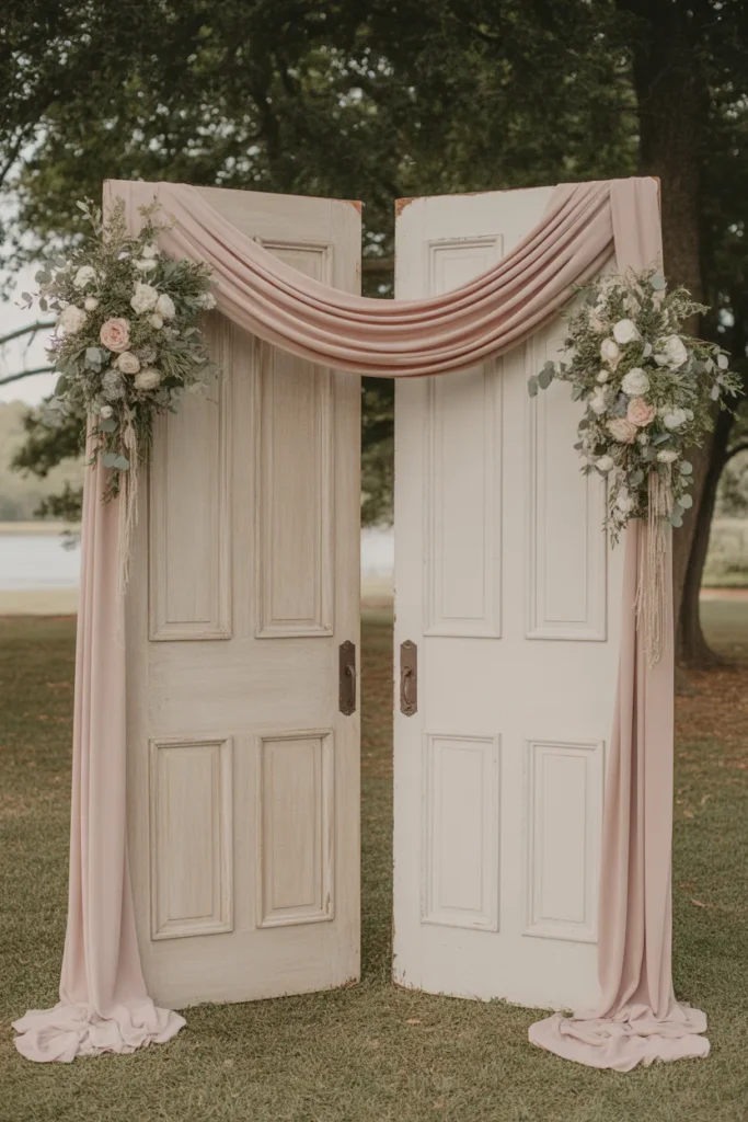 30 Simple Outdoor Wedding Decor Ideas for 2025 3 Vintage Door Backdrop