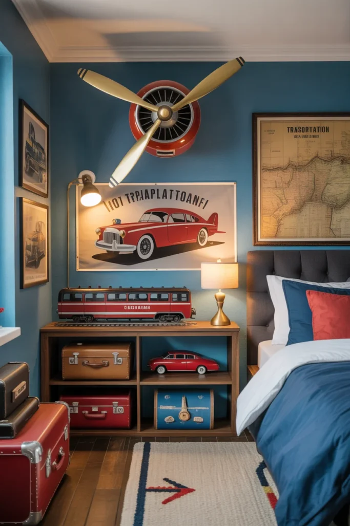 18 Creative Kids Bedroom Ideas for Boys: Adventurous,Modern, and Organized Spaces 7 Vintage transportation boys bedroom