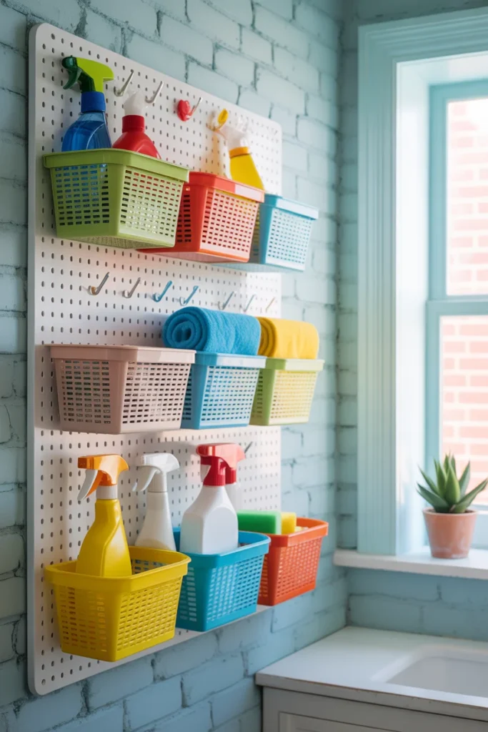 15 Small Laundry Room Ideas for 2026: Maximize Style and Function in Minimal Space 12 White pegboard wall with colorful baskets and hooks