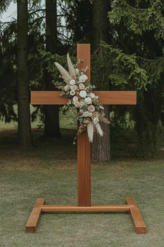 30 Simple Outdoor Wedding Decor Ideas for 2025 11 Wooden Cross or Geometric Shapes