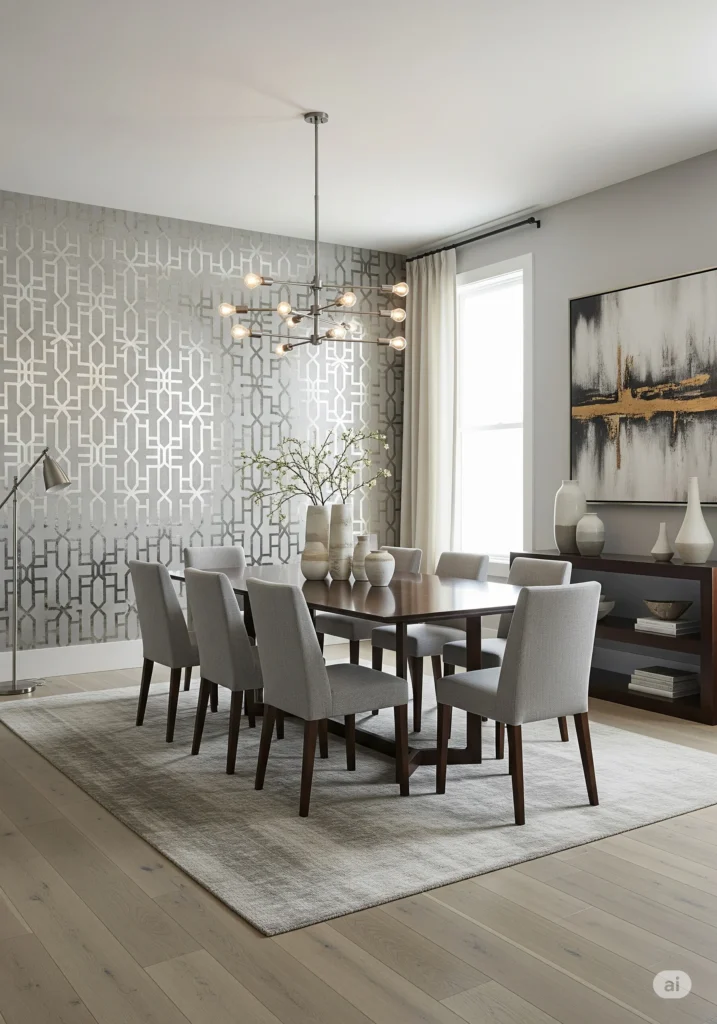 30 Modern Classy Dining Room Decor Ideas 7 abstract wallpaper in metallic silver