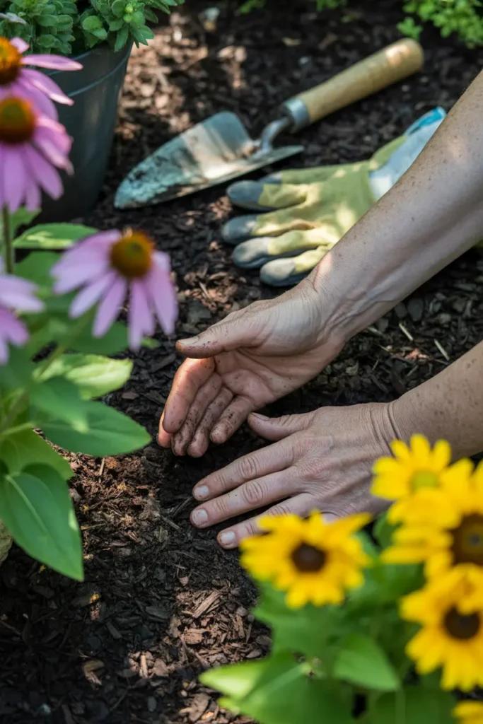 14 Low-Maintenance Garden Ideas to Save Time & Conserve Water 10 applying organic mulch around perennial plants