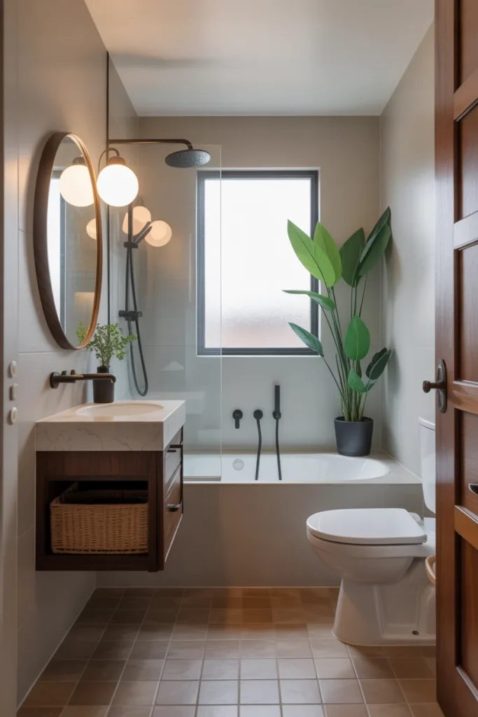 bathroom with a compact vanity and a narrow modern bathtub