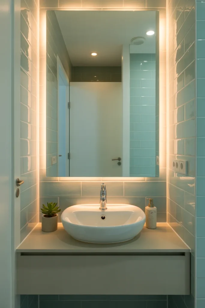 bathroom with a large mirror stretching across the sink area