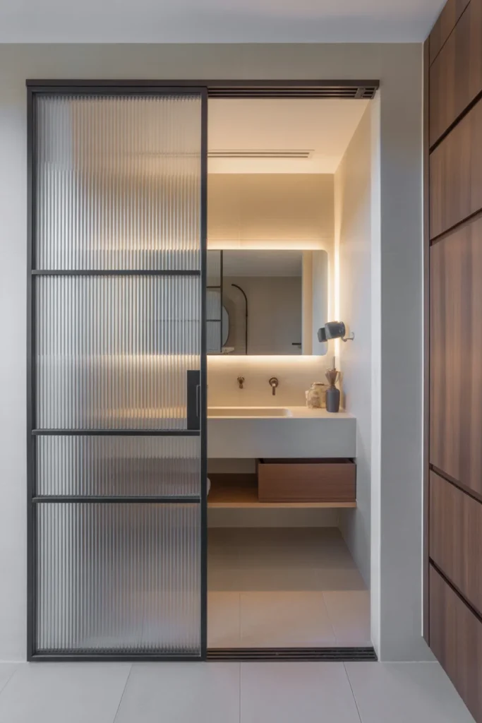 bathroom with a sliding door leading