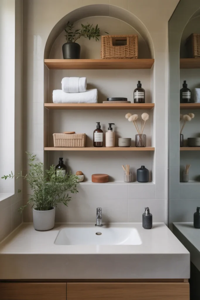 bathroom with open shelves
