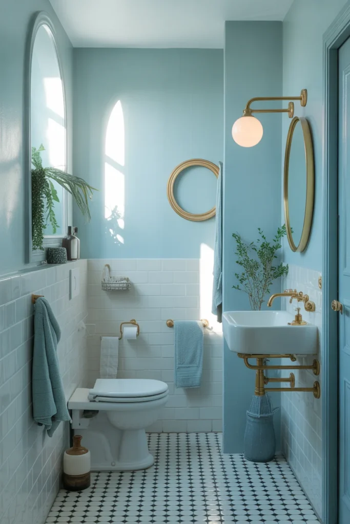bathroom with soft pastel blue walls and white tiles