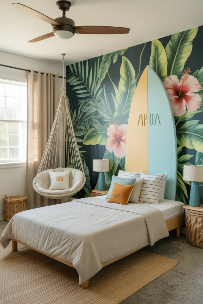 31 Creative Kids Bedroom Ideas to Inspire Your Child’s Dream Space 30 beachy kids room with a surfboard inspiration bedroom