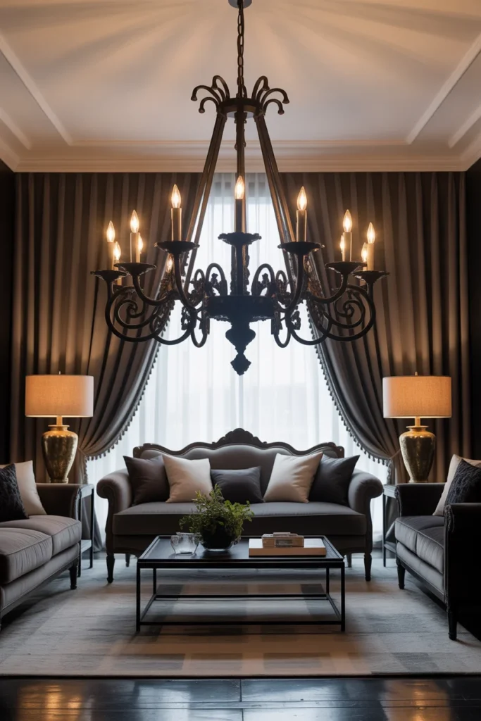 30+ Gorgeous Living Room Ceiling Lighting Ideas for Modern & Classic Homes 4 black iron chandelier