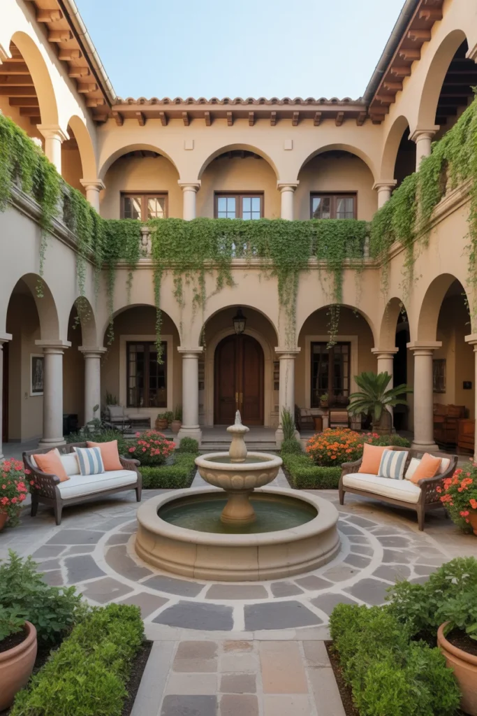 Explore Hacienda-Style Homes: Timeless Spanish Architecture & Rustic Elegance 3 central courtyard within a Hacienda style home