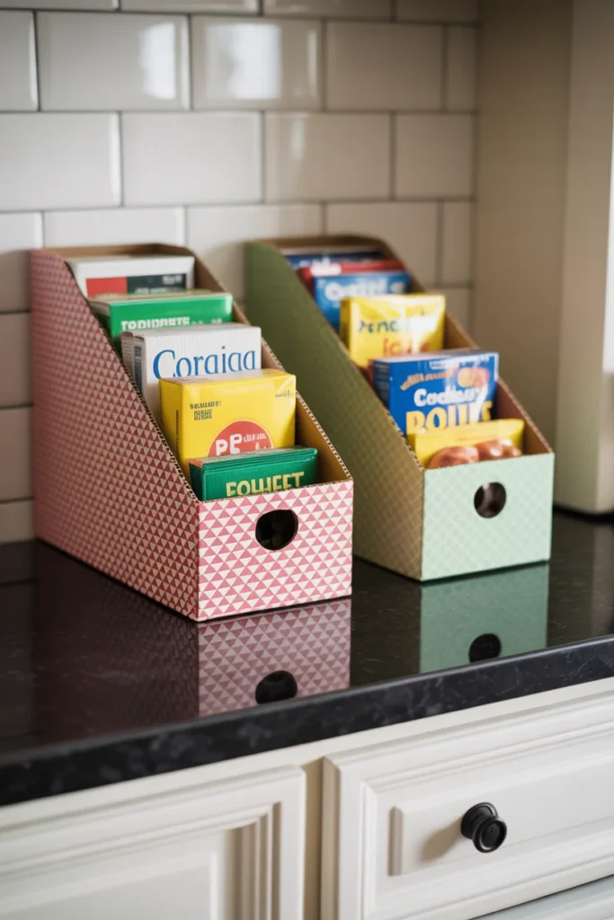 20+ Easy Kitchen Organization Ideas for Limited Space 2 cereal box magazine holders