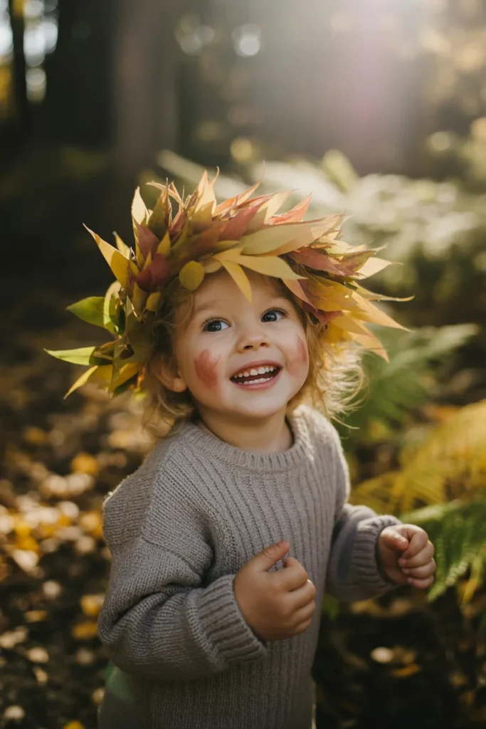 30 Fun and Creative Thanksgiving Crafts for Kids 18 child wearing autumn leaf crown