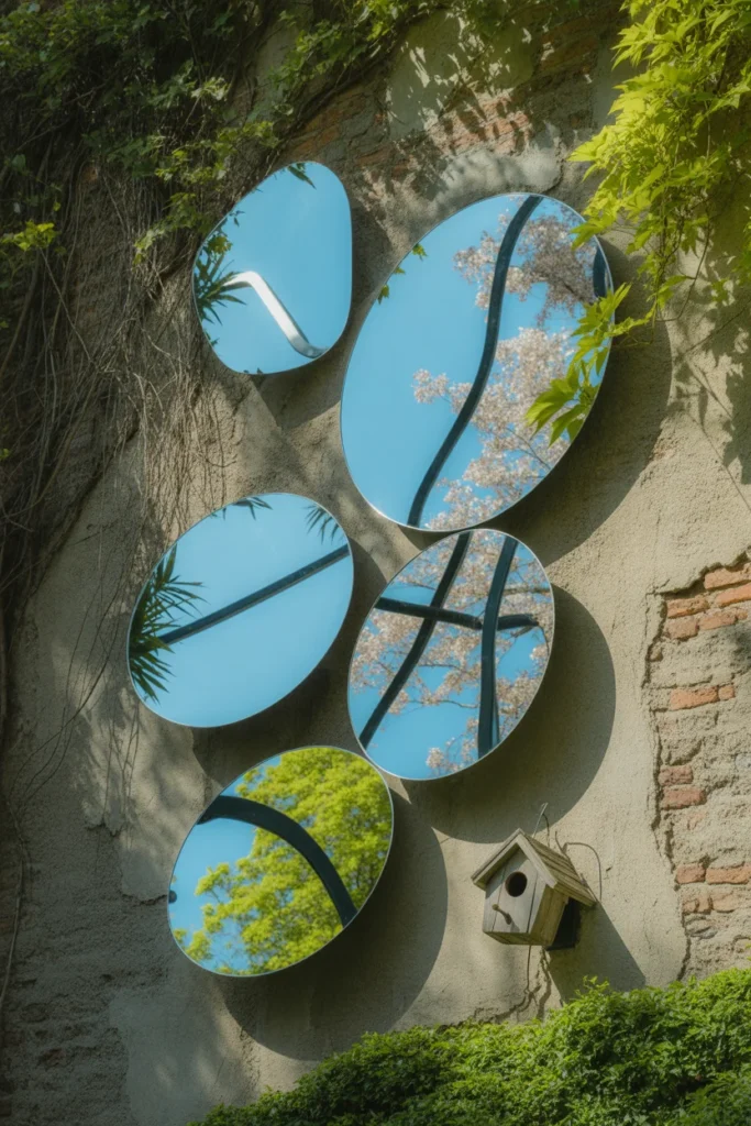 27 Stunning Garden Art Ideas for Outdoor Living Inspiration 9 circular mirrors of various sizes arranged on a garden wall