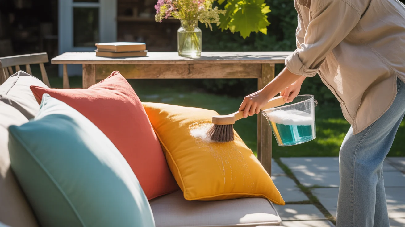 cleaning colorful outdoor cushions with a soft brush