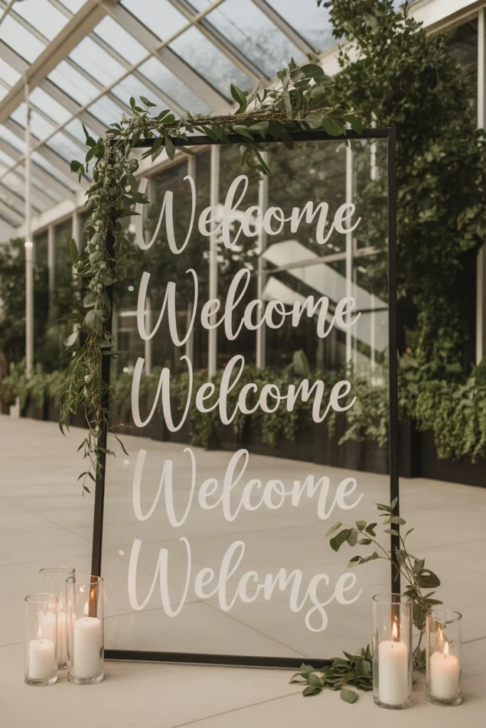 20 Stunning Wedding Welcome Sign Ideas You’ll Love 12 clear glass panel wedding welcome sign