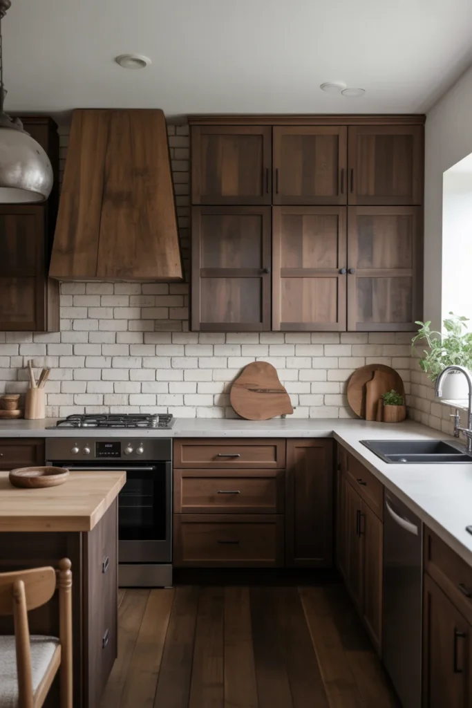 20 Rustic Farmhouse Kitchen with Natural Stone and Wooden Accents 7 dark wooden cabinets with light stone