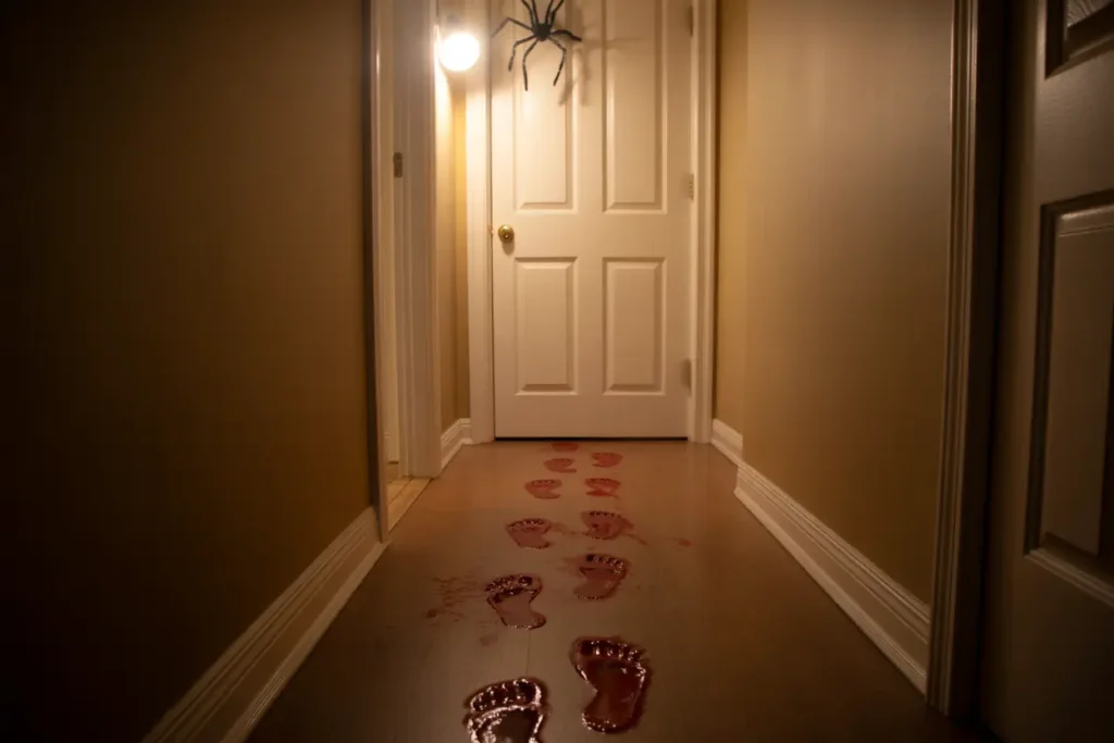 30 Unique & Trending Halloween Decoration Ideas for 2025 18 dimly lit hallway with blood footprint