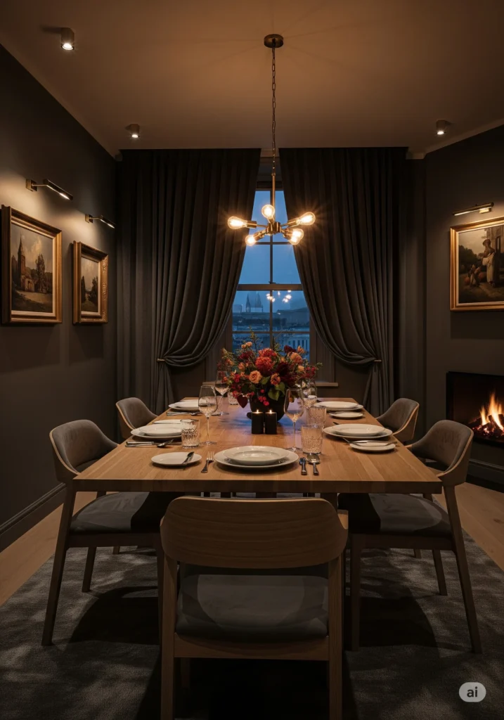 30 Modern Classy Dining Room Decor Ideas 14 dining room with a dark moody ambiance