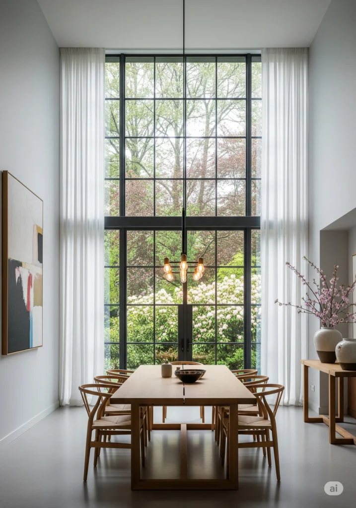 30 Modern Classy Dining Room Decor Ideas 17 dining room with floor to ceiling windows