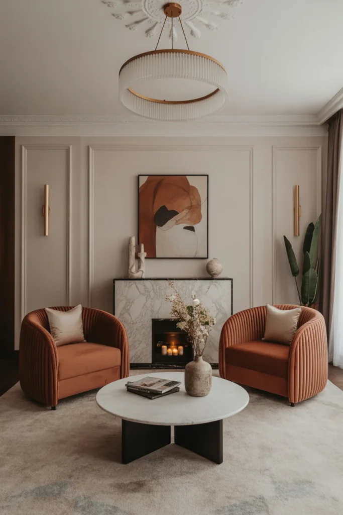 15 Brilliant Sofa-Free Living Room Design Ideas 6 elegant living room with two oversized velvet armchairs in jewel tones