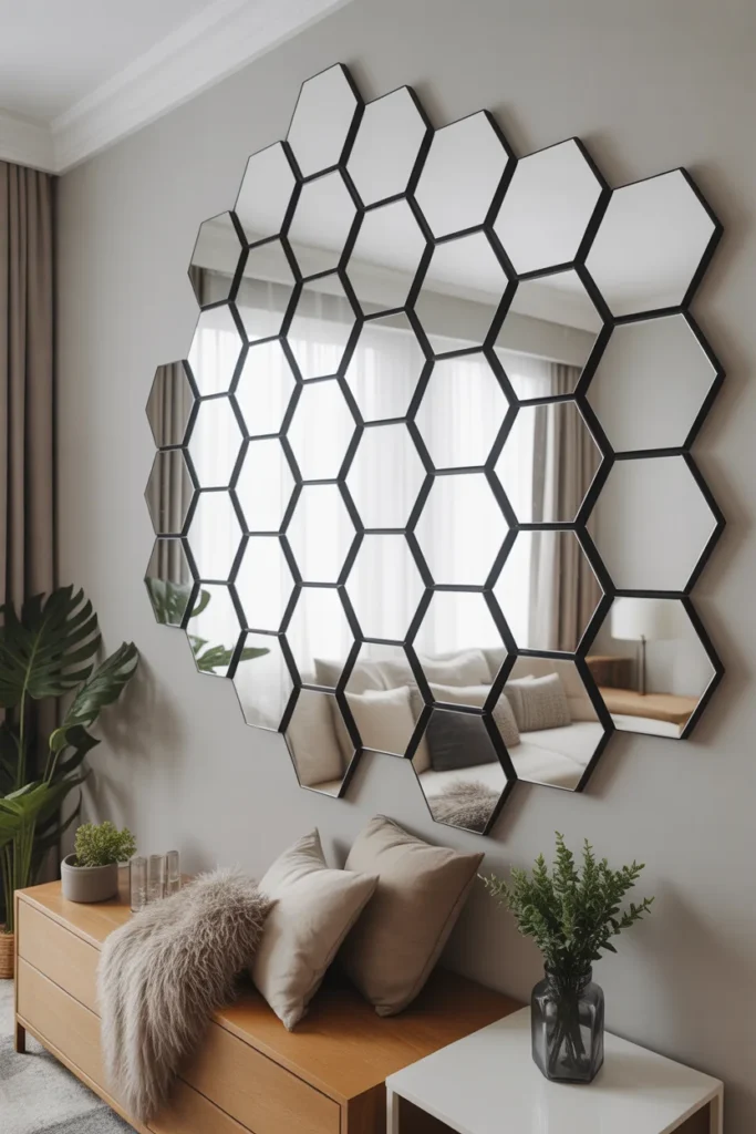 17+ Stunning Mirror Wall Decor Ideas: Transform Your Space with Reflective Style 3 hexagonal mirrors in a honeycomb pattern