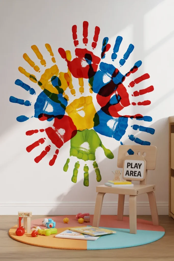 kids bedroom with colorful handprint wall art